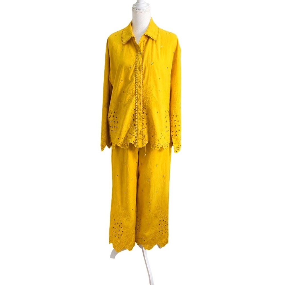 Cynthia Rowley Womens 2-Piece Eyelet Pant Set Size Medium Yellow Cotton Scallop - Picture 2 of 11